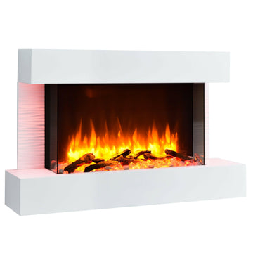 BALDERIA Aidan white electric wall fireplace with 3D flame effect and LED lighting.