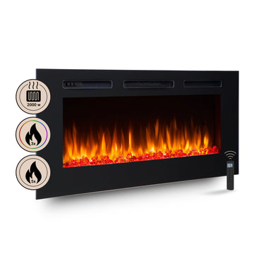 BALDERIA Elektrokamin Fiamma 48" with 3D flame effect, 2000W heating, thermostat, timer, and remote control in black.