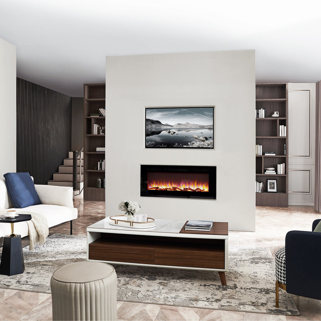 BALDERIA Elektrokamin Fiamma 48" in modern living room, featuring stylish design and 3D flame effect.