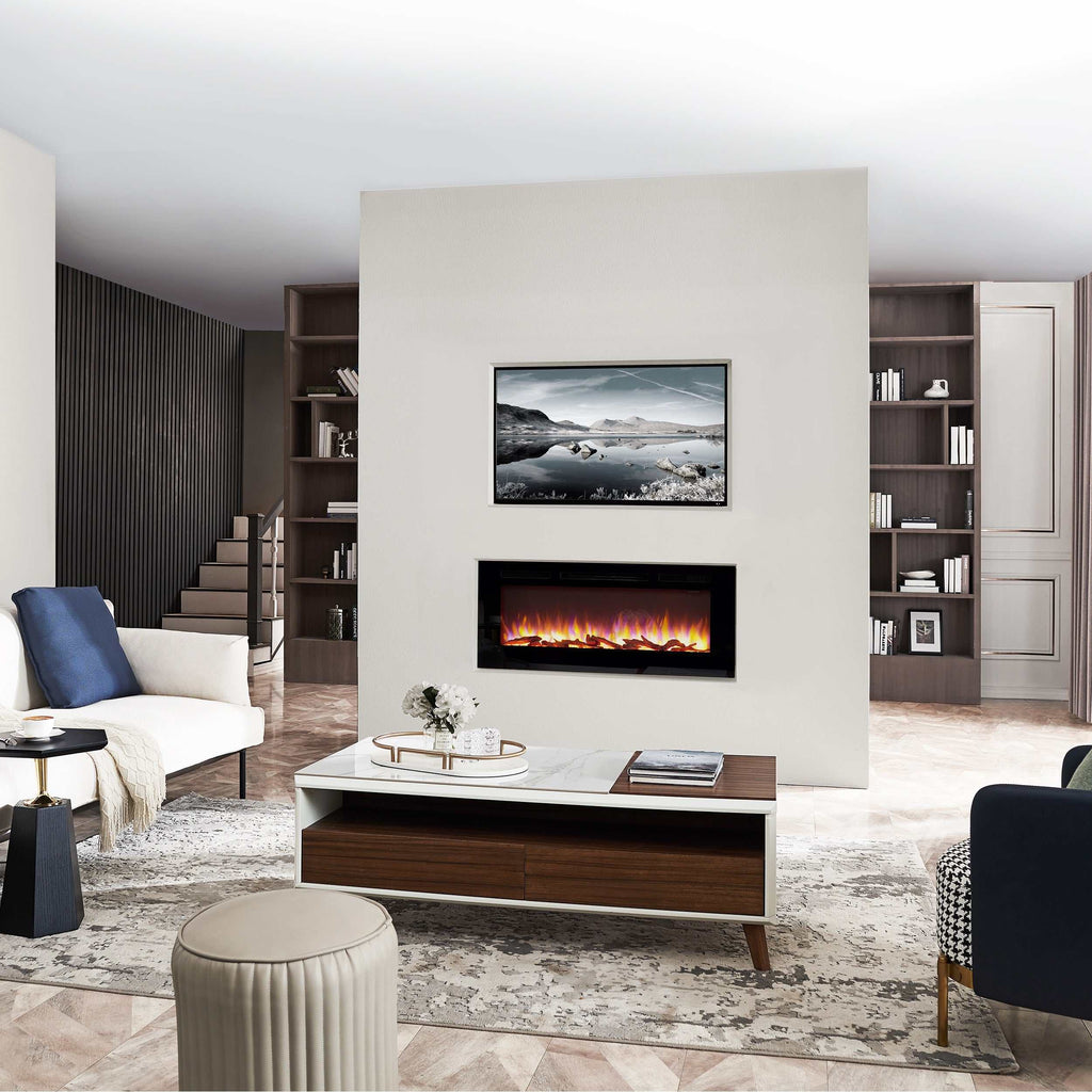 BALDERIA Elektrokamin Fiamma 60 with 3D flame effect in modern living room setting.