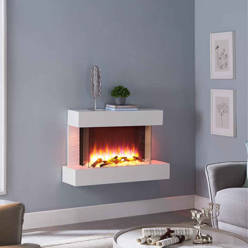 BALDERIA Aidan white wall-mounted electric fireplace with realistic 3D flame effect in modern living room setting.