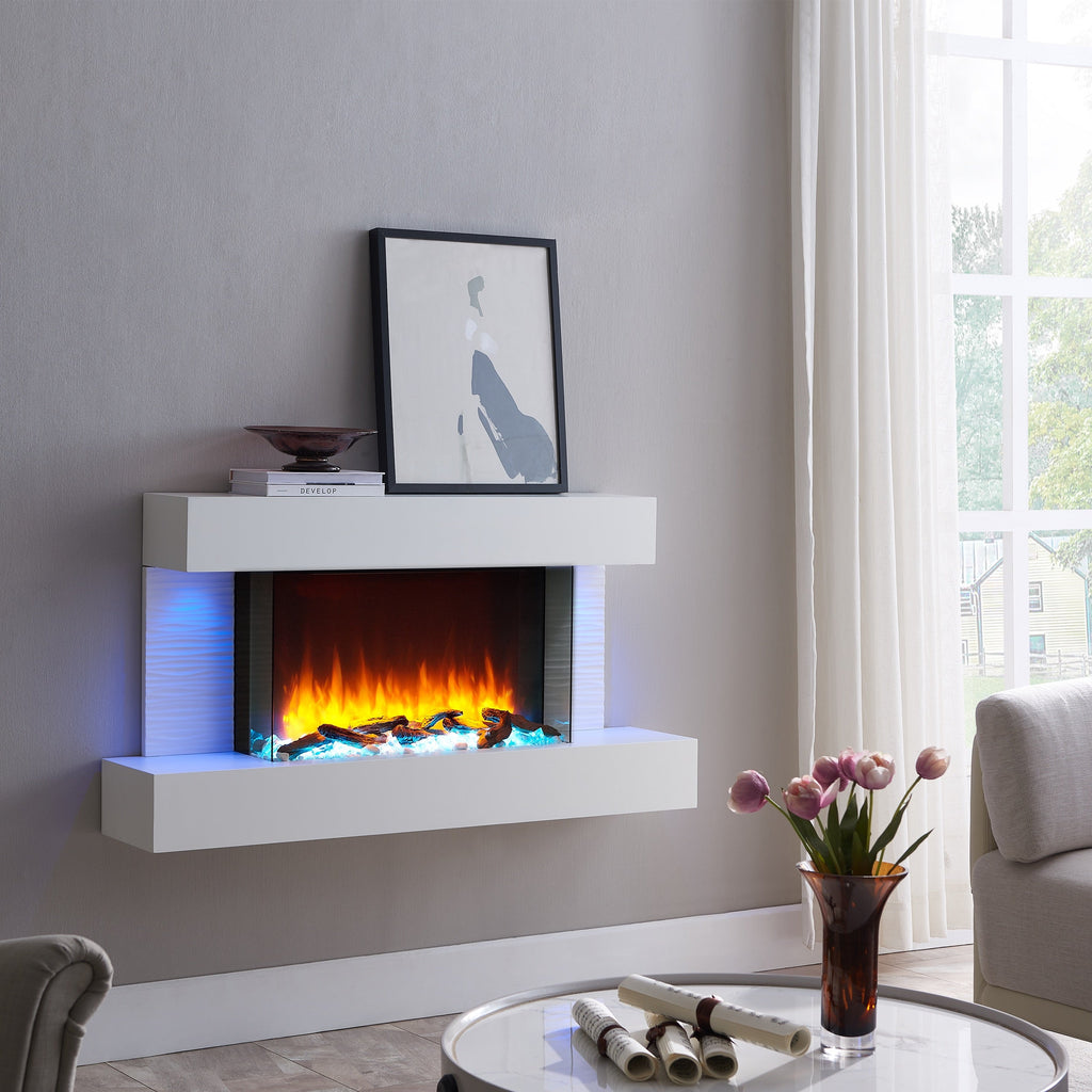 BALDERIA Elektrokamin Aieda with 3D flame effect and LED lighting in white living room setting.