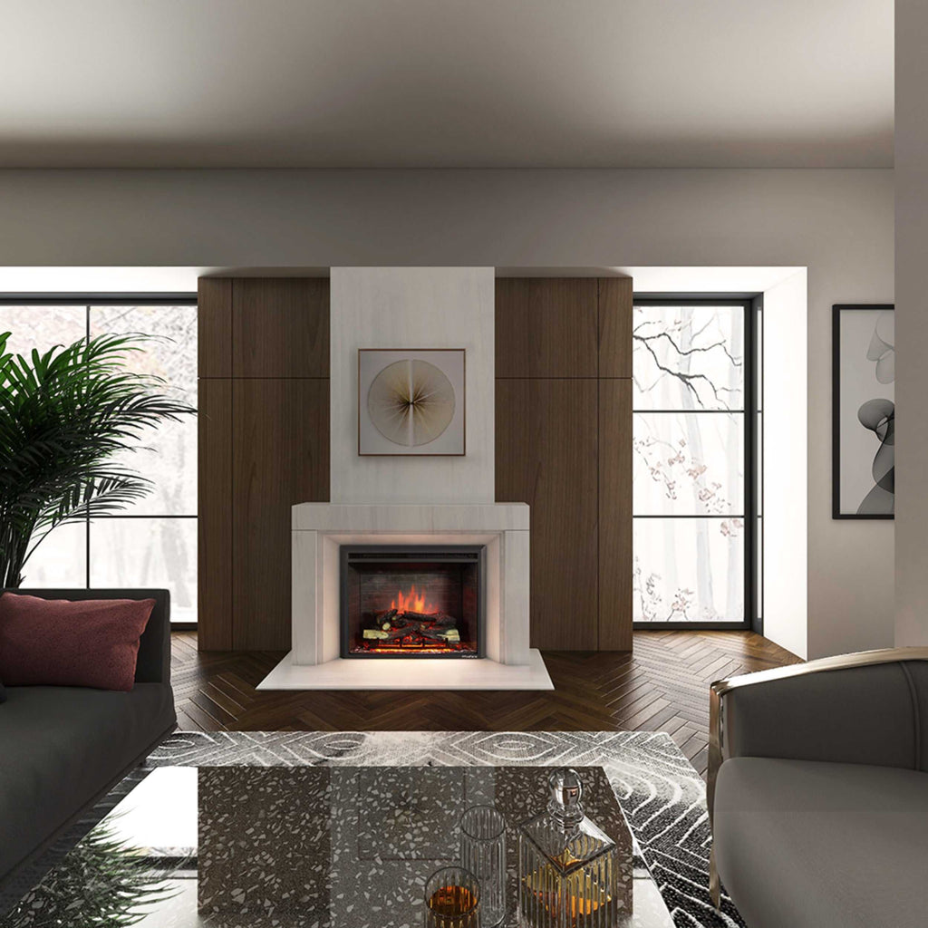 BALDERIA Elektrokamin Calida 33" in modern living room with realistic 3D flame effect and sleek black design.