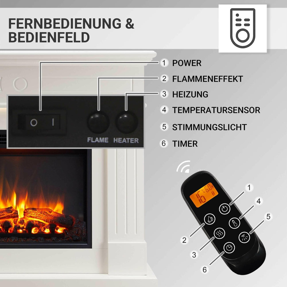 BALDERIA Elektrokamin Leandros | Elektrischer Standkamin, 3D-Flammeneffekt, LED-Ambientebeleuchtung, Heizung 2000W, Timer, Thermostat, Überhitzungsschutz, Fernbedienung | Weiß.