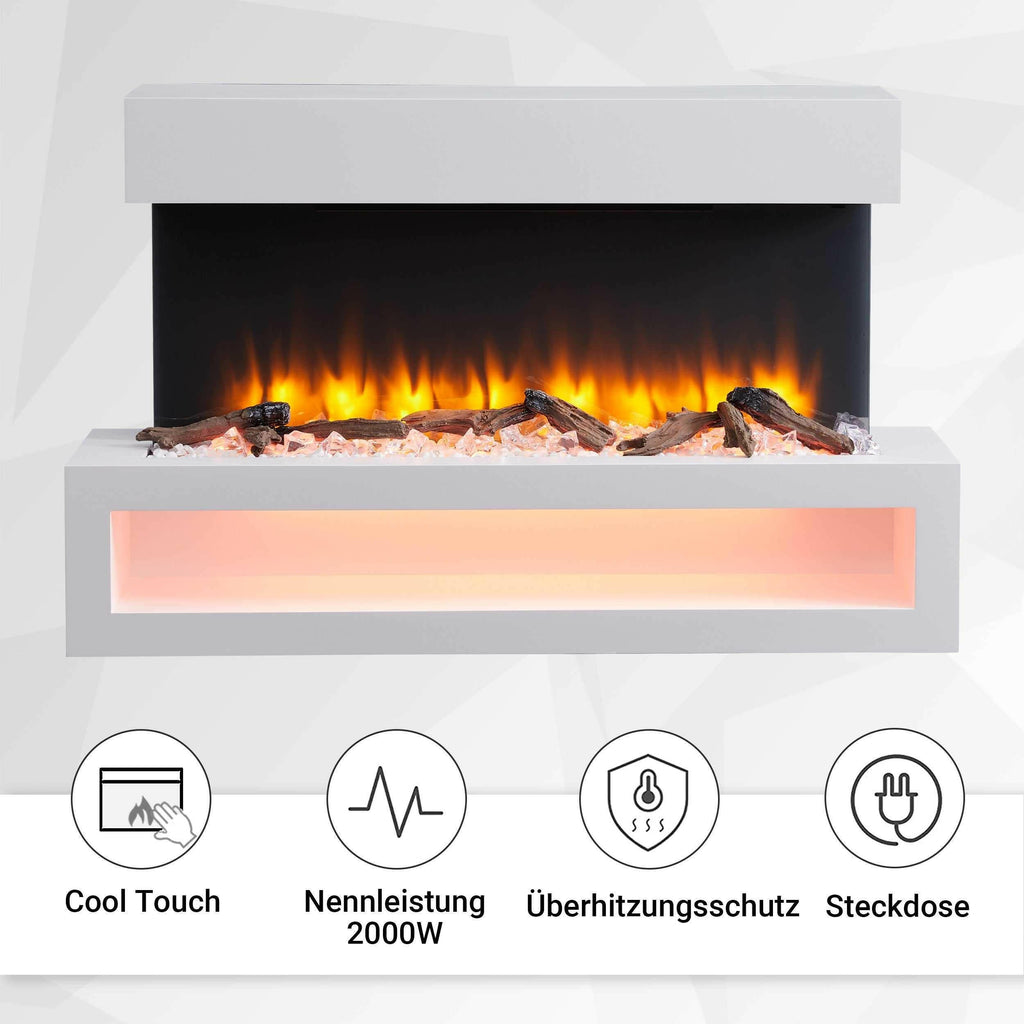 BALDERIA Elektrokamin Nikos | Elektrischer Wandkamin, 3D-Flammeneffekt, Elektro Heizung 2000W, LED-Beleuchtung, Fernbedienung, Startsteuerung, Timer & Thermostat | Weiß.