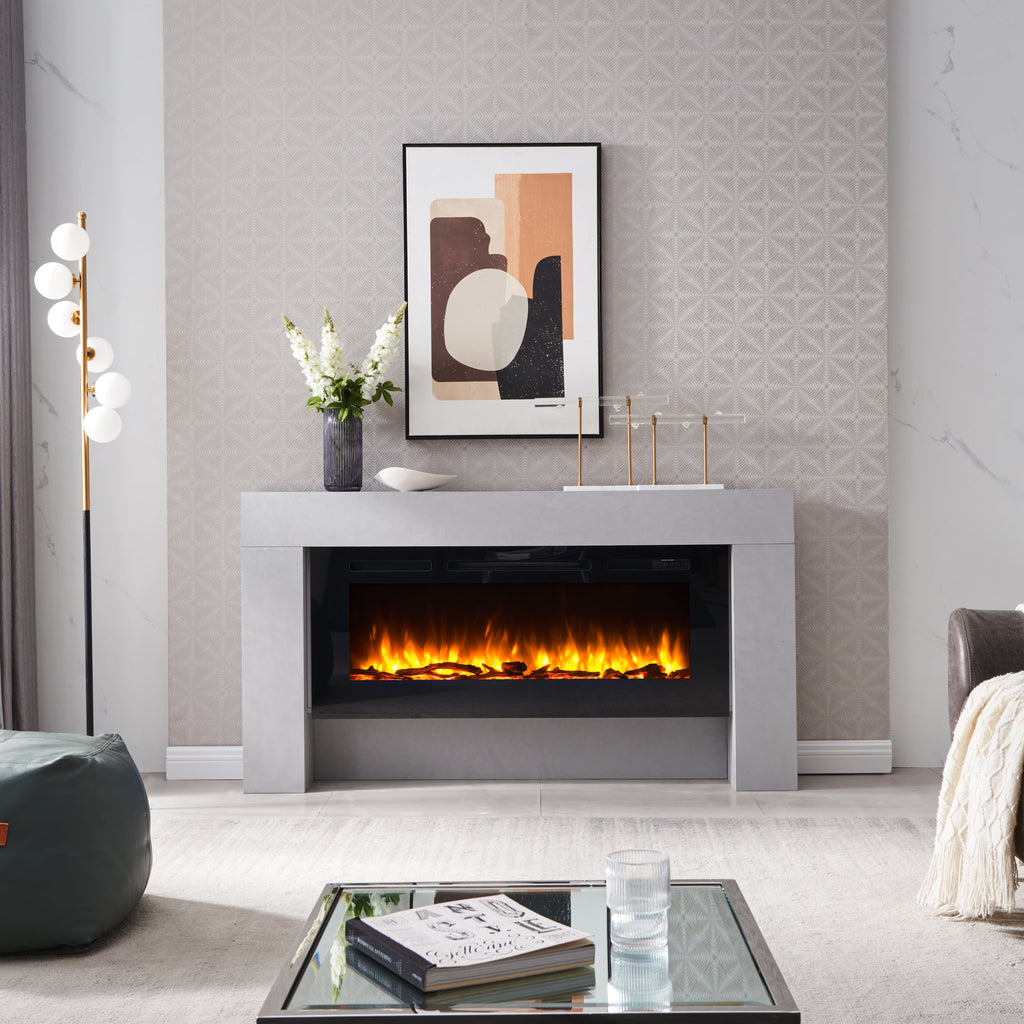 BALDERIA Elektrokamin Zeus with 3D flame effect and concrete gray design in modern living room.