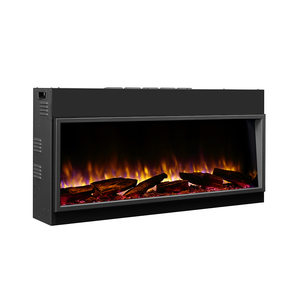 Electric fireplace with 3D flame effect, black design, and app control.