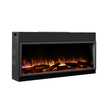 Electric fireplace with 3D flame effect, black design, and app control.