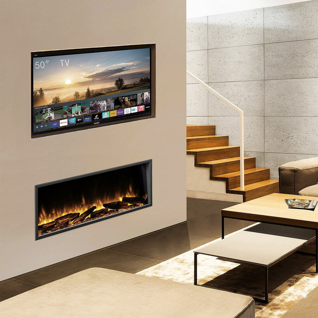 Modern living room with BALDERIA Elektrokamin Amazona 44" featuring 3D flame effect and LED lighting below a mounted TV.