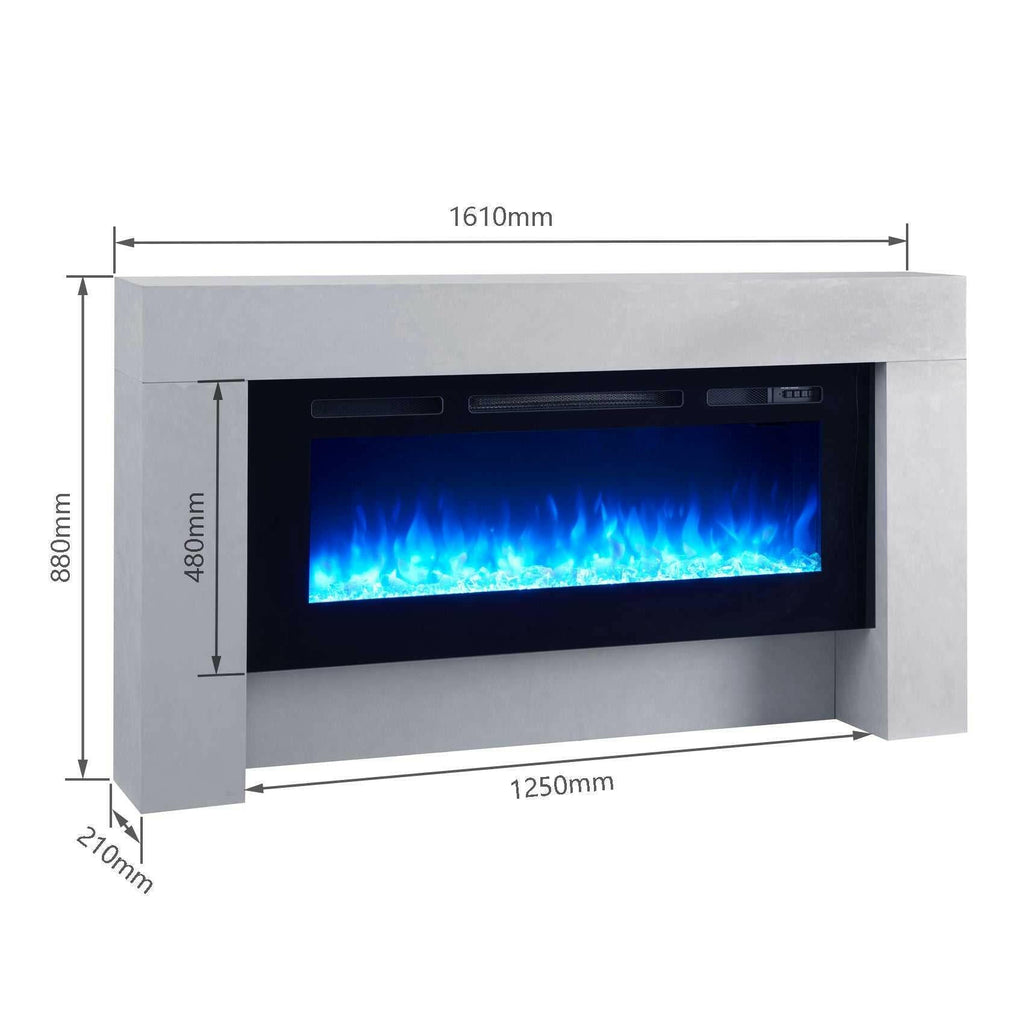 BALDERIA Elektrokamin Zeus with 3D flame effect, concrete gray design, dimensions 1610x880x210mm, blue flame display.