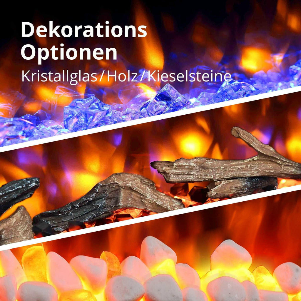 BALDERIA Elektrokamin Hestia with 3D flame effect and decoration options including crystal glass, wood, and pebbles.